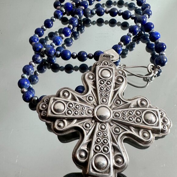 Maltese Cross Sterling Silver 30" Lapis Lazuli Necklace 925 Tahitian Pearls - Picture 4 of 9